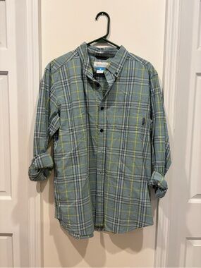 Columbia Light Blue Plaid Shirt with Yellow Accents